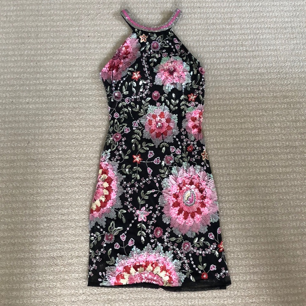 Primavera beaded, open back high neck halter dress